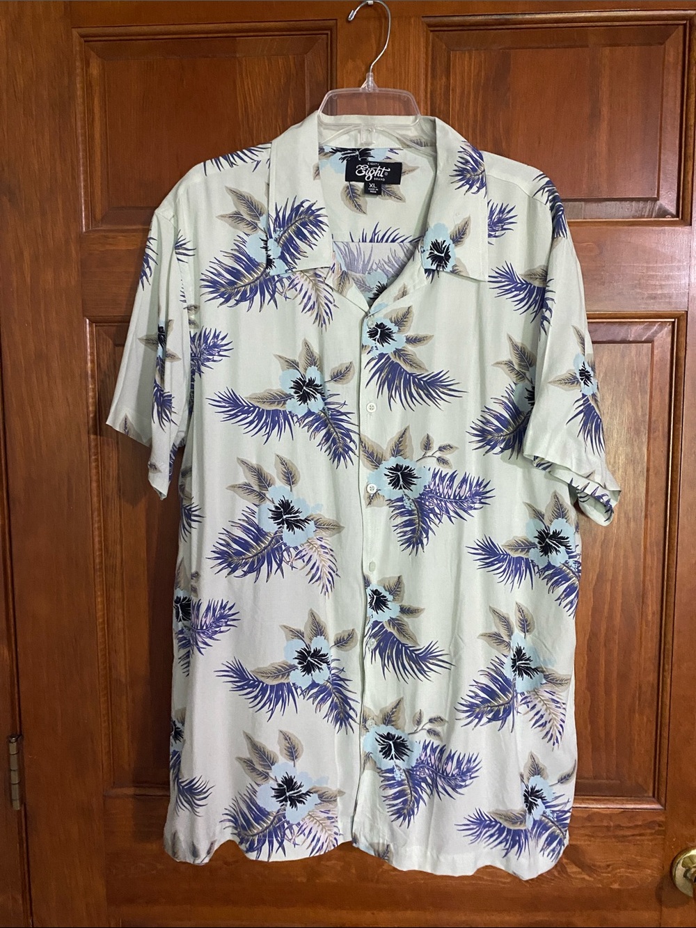 Eighty Eight Light Green Hawaiian Button-Down Shirt with Blue Floral Print